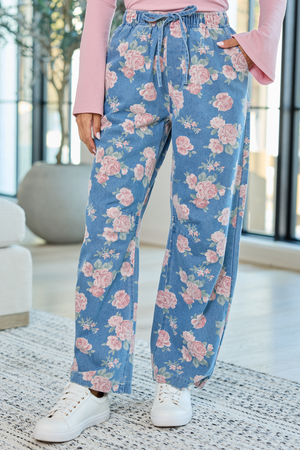 Maeve Rose Print Barrel Pull-On Jeans