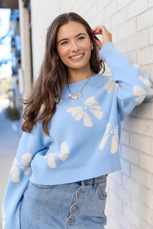 Faye Long Sleeve Blue Bow Print Sweater SALE