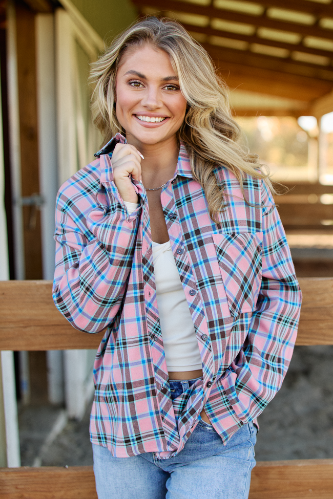 Pink Lily Rory Pink and Blue Plaid Flannel Button Down Top - Women's S Pink Lily Rory Pink and Blue Plaid Flannel Button Down Top - Women's S