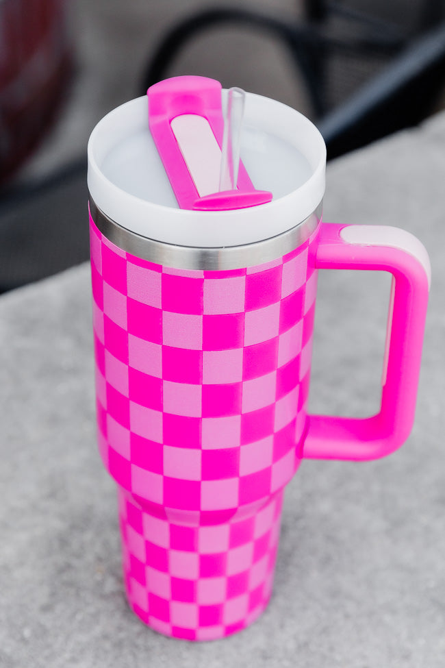 Sippin' Pretty Pink Tonal Checkered 40 oz Drink Tumbler With Lid And Straw SALE