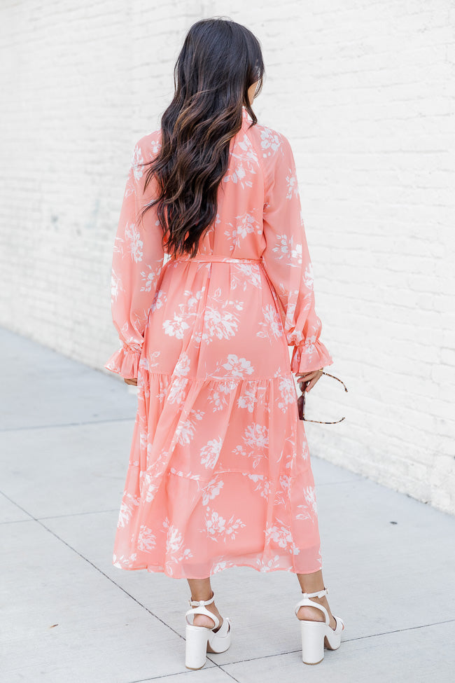 In The Sunshine Coral Floral Notched Neck Midi Dress FINAL SALE