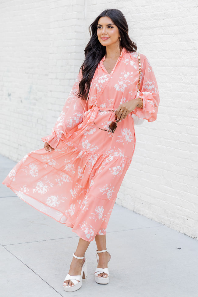 In The Sunshine Coral Floral Notched Neck Midi Dress FINAL SALE