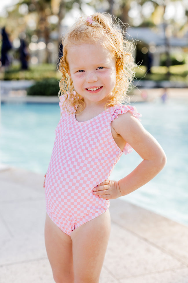 Kid's Seaside Pink Checkered One Piece Swimsuit FINAL SALE