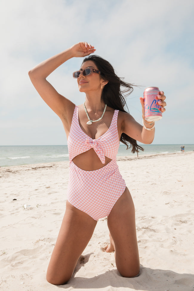Seaside Swimsuit Pink Checkered Cut-Out One Piece Swimsuit