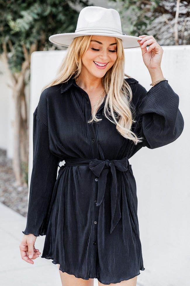 Something To Say Black Plisse Button Up Tie Front Mini Dress