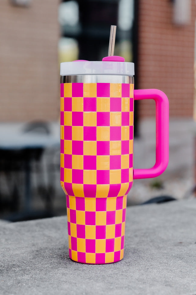 Sippin' Pretty Pink and Orange Checkered 40 oz Drink Tumbler With Lid And Straw