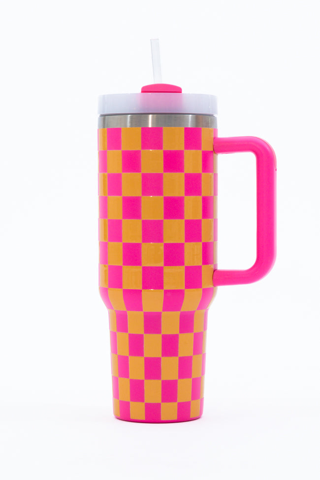 Sippin' Pretty Pink and Orange Checkered 40 oz Drink Tumbler With Lid And Straw