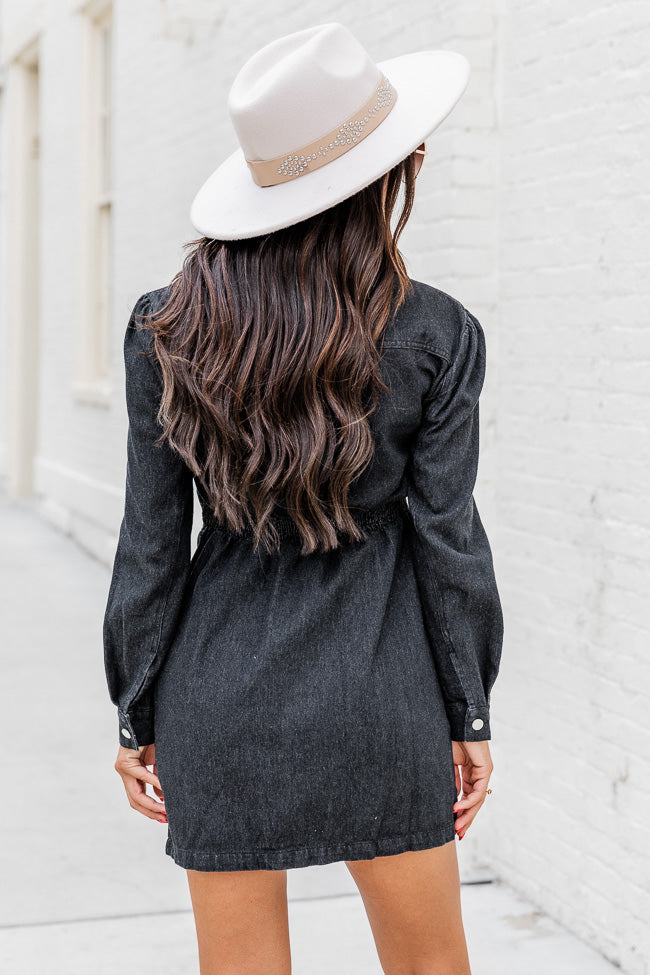 A Lasting Relationship Black Denim Long Sleeve Button Up Mini Dress