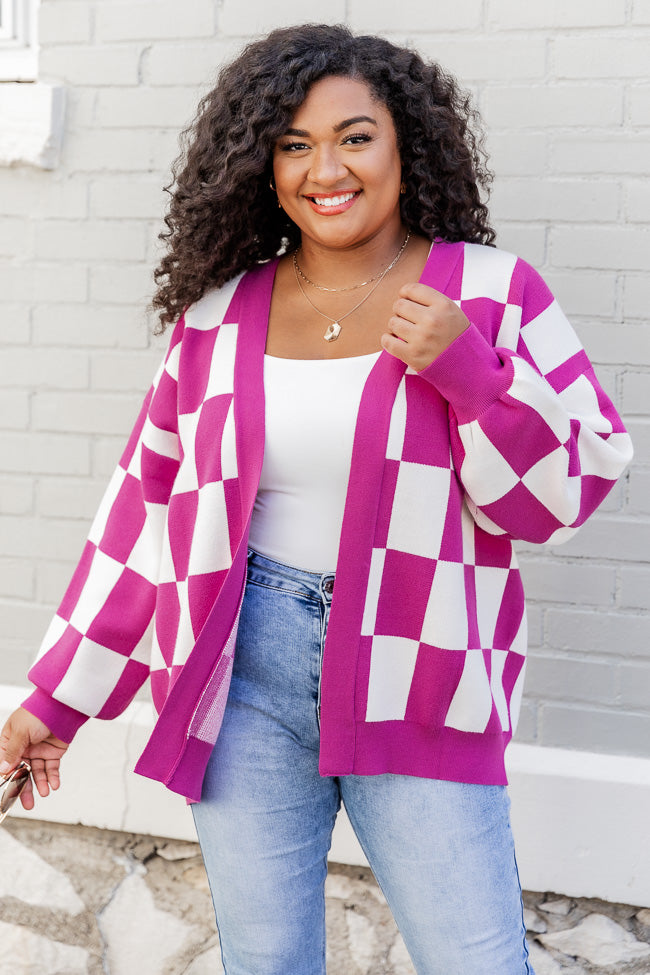 Trying Your Best Magenta Checkered Cardigan
