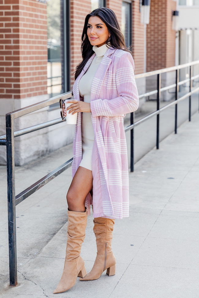 Maybe One Day Soon Pink Belted Plaid Coat