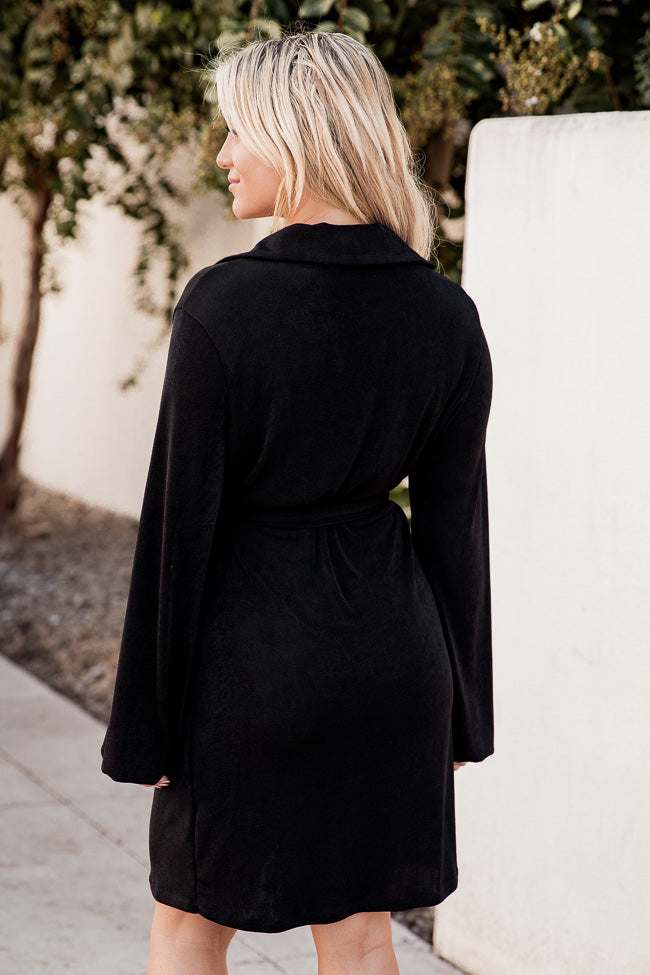 It's Your Move Black Collared Long Sleeve Belted Wrap Dress