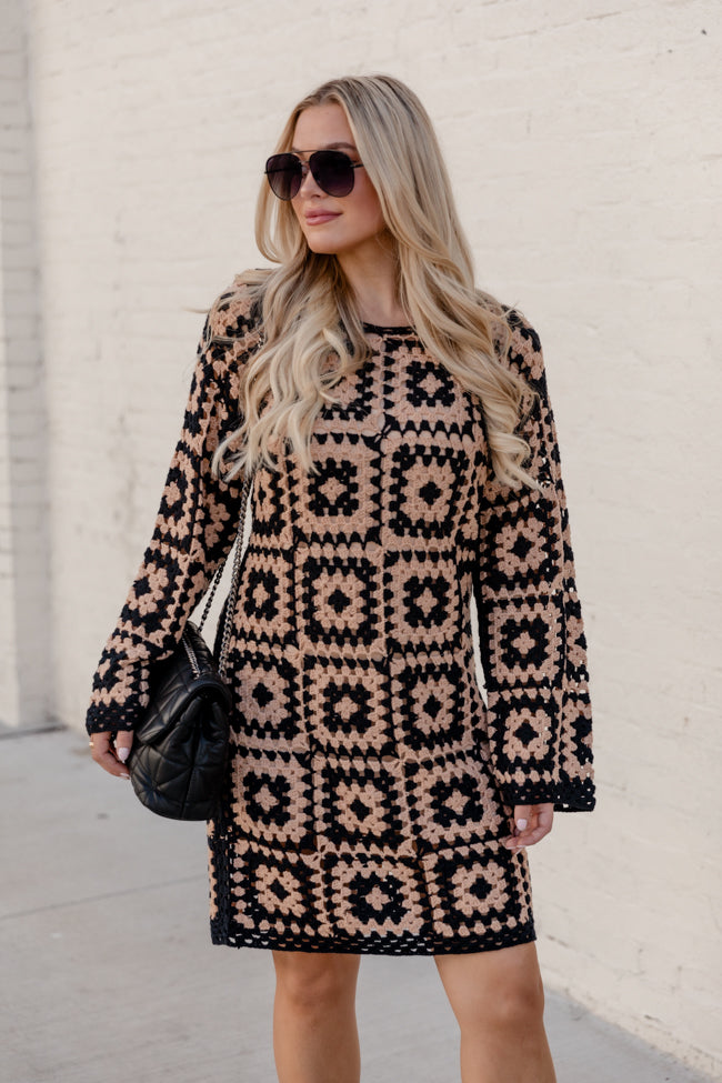 Build Courage Black and Tan Crochet Long Sleeve Lined Mini Dress