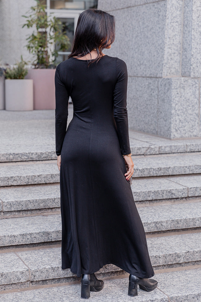 Let Me See Black Knit Long Sleeve Maxi Dress With Slit