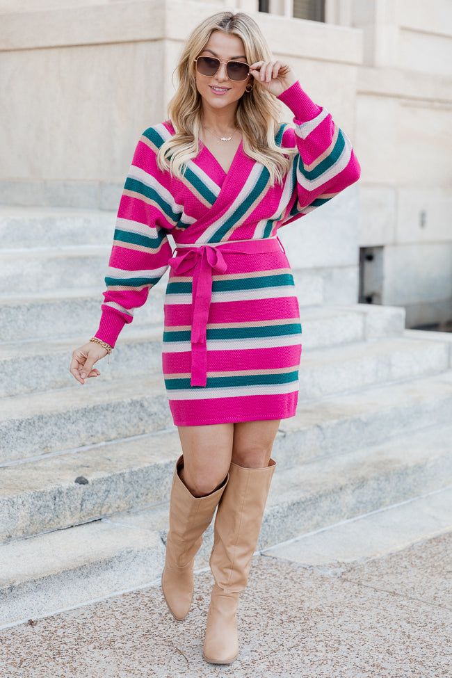 Love Is Blooming Magenta Striped Long Sleeve Belted Mini Sweater Dress FINAL SALE