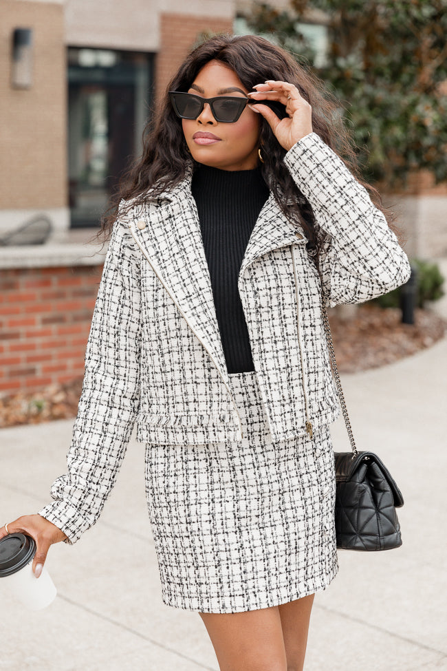 Serious Business Woman Cream and Black Plaid Boucle Tweed Moto Jacket