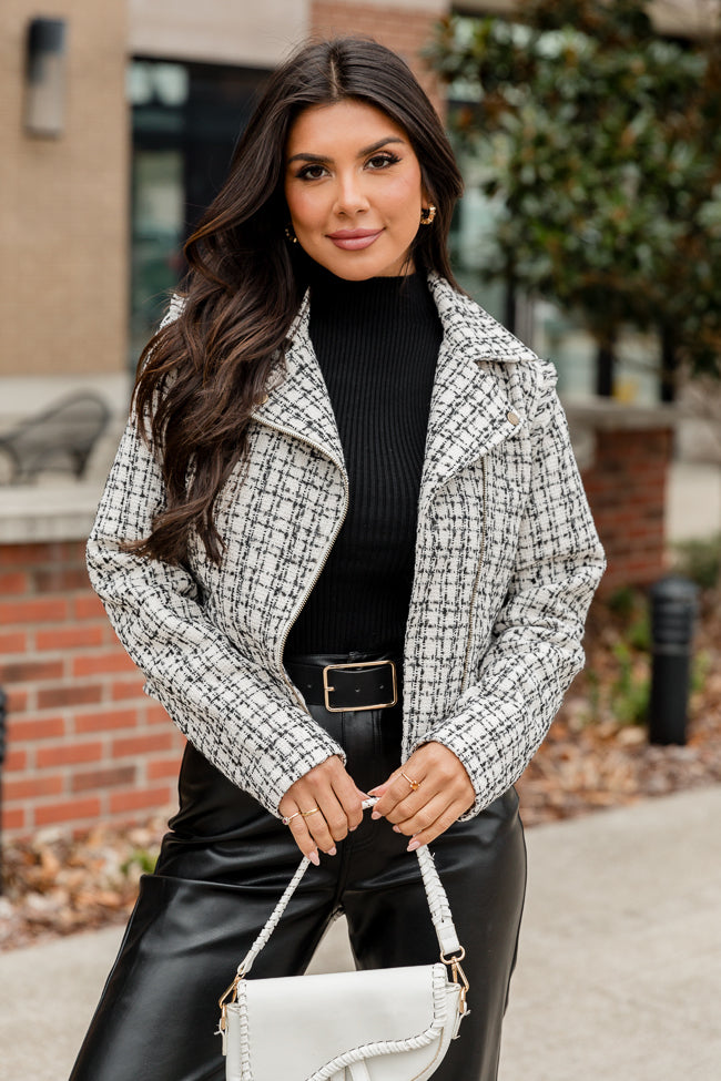 Serious Business Woman Cream and Black Plaid Boucle Tweed Moto Jacket