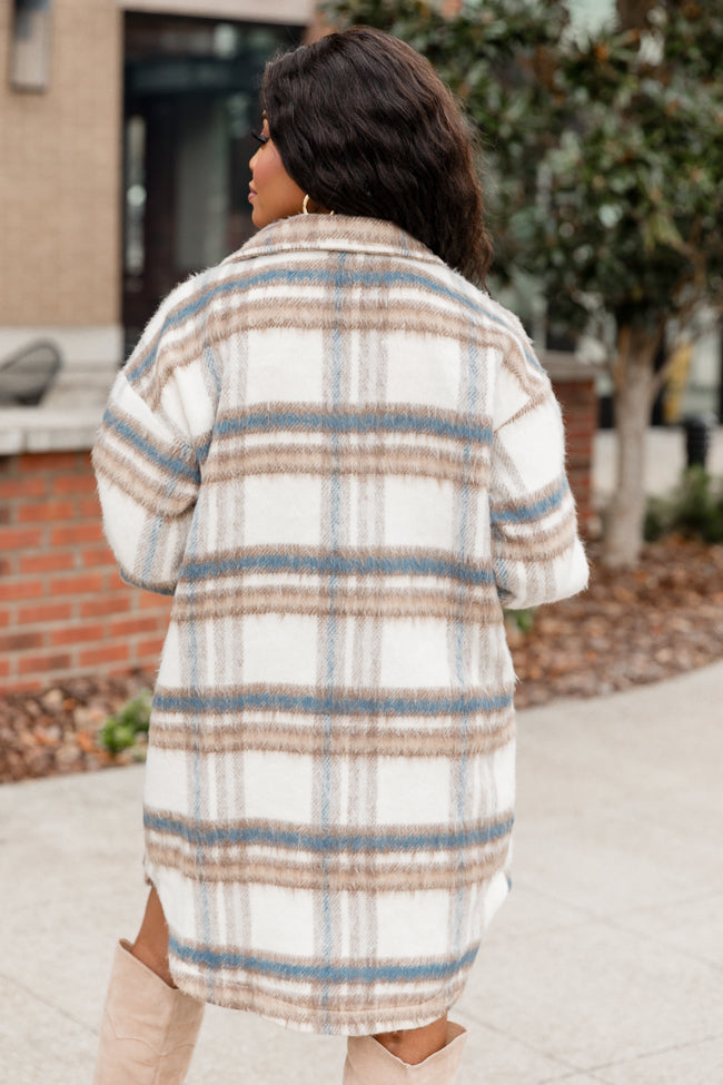 Heard About Us Blue and Tan Plaid Long Shacket