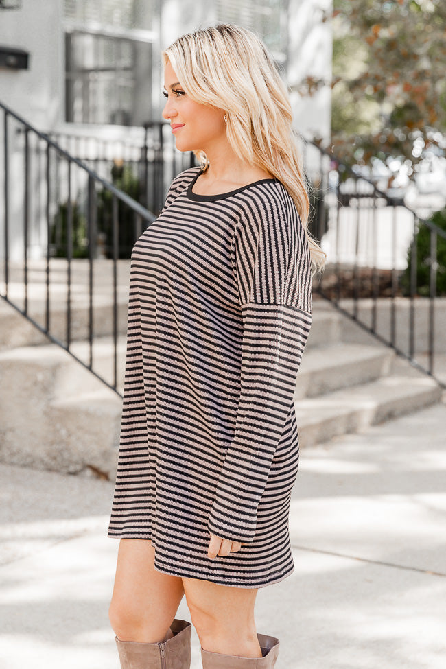Brown and Black Striped Long Sleeve Ribbed T-Shirt Dress