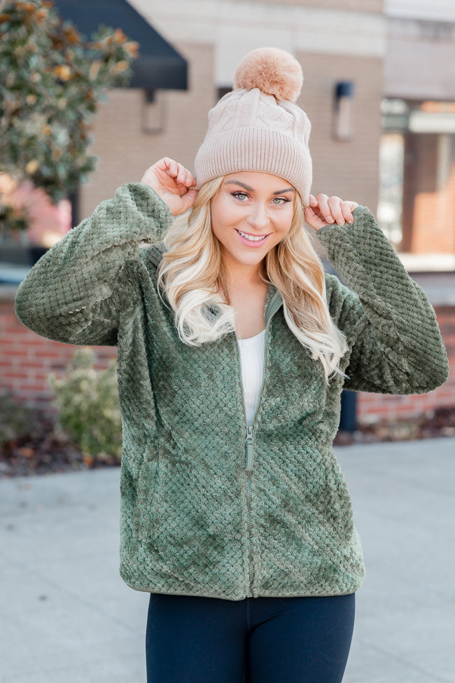 Cozy Charm Olive Textured Sherpa Zip Up Jacket FINAL SALE