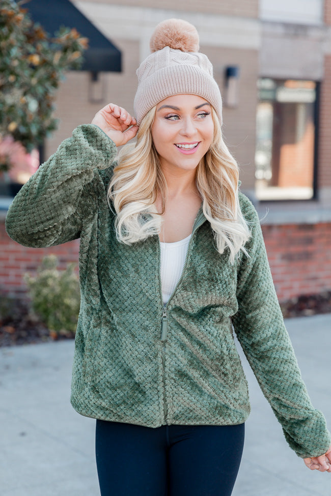 Cozy Charm Olive Textured Sherpa Zip Up Jacket FINAL SALE