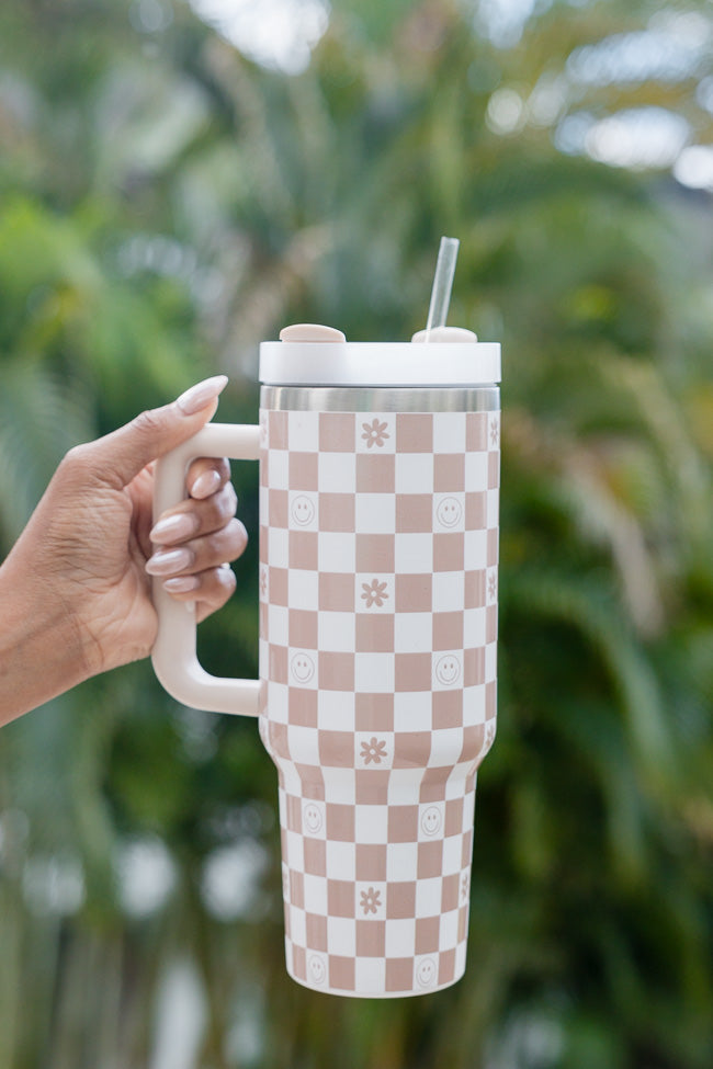 Sippin' Pretty Neutral Smiley and Daisy Checkered 40oz Drink Tumbler With Lid And Straw
