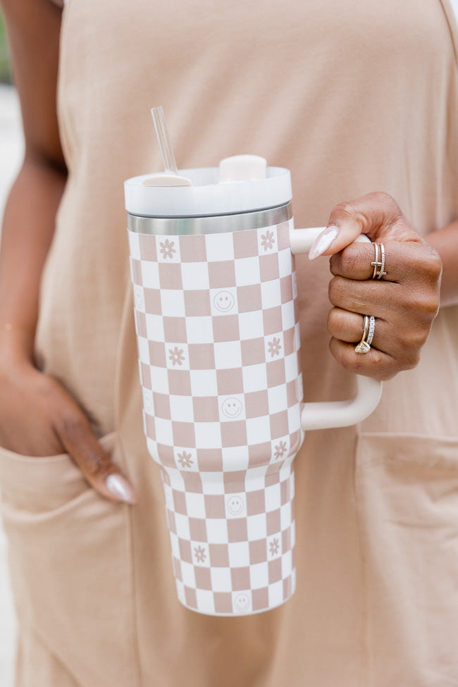 Sippin' Pretty Neutral Smiley and Daisy Checkered 40oz Drink Tumbler With Lid And Straw