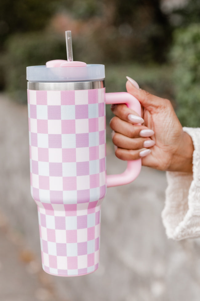 Sippin' Pretty Multi Pastel Checkered 40 oz Drink Tumbler With Lid And Straw SALE
