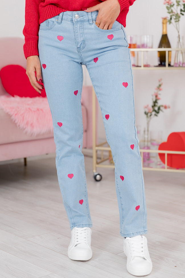 Merritt High Waisted Pink Embroidered Hearts Light Wash Jeans