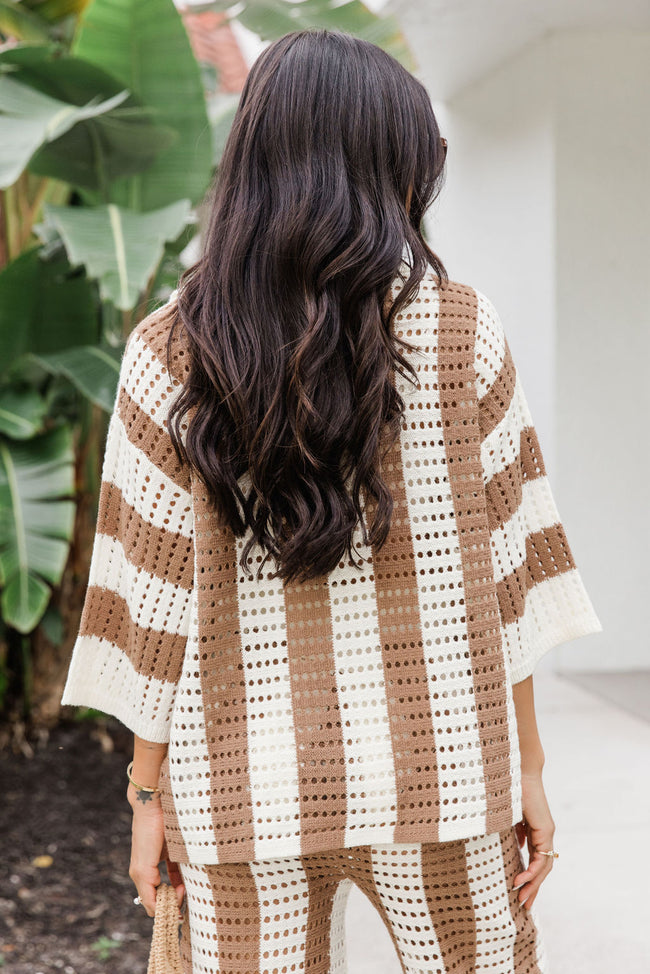 In Your Thoughts Brown and Ivory Striped Open Knit Cover Up Top