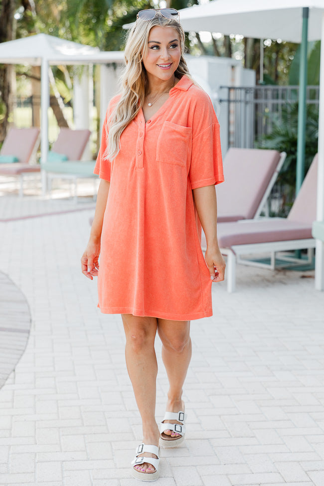 We're Better Together Coral Terry Button Front T-Shirt Dress