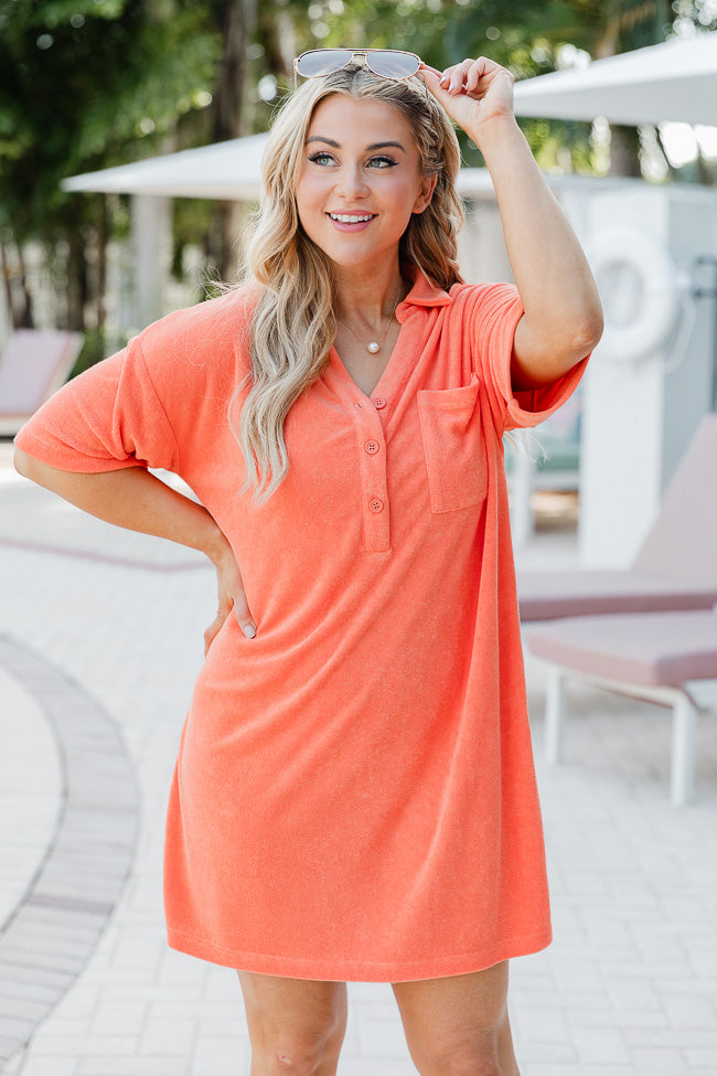 We're Better Together Coral Terry Button Front T-Shirt Dress