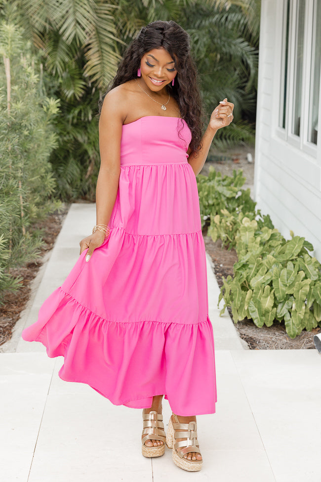 Rays Of Radiance Hot Pink Strapless Tiered Midi Dress