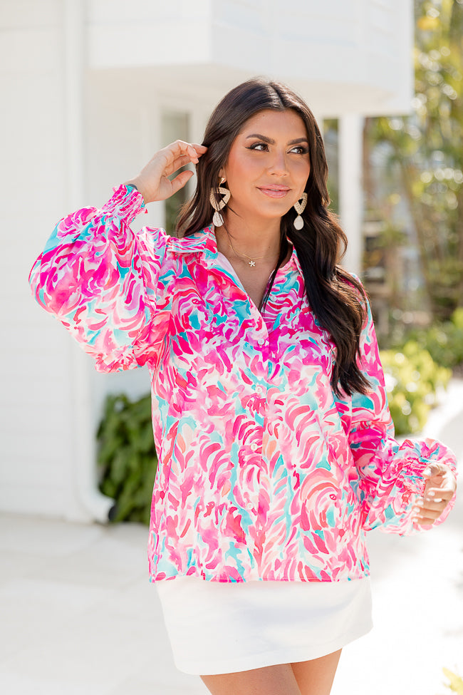 I've Been Waiting Blue and Pink Printed Satin Button Front Blouse