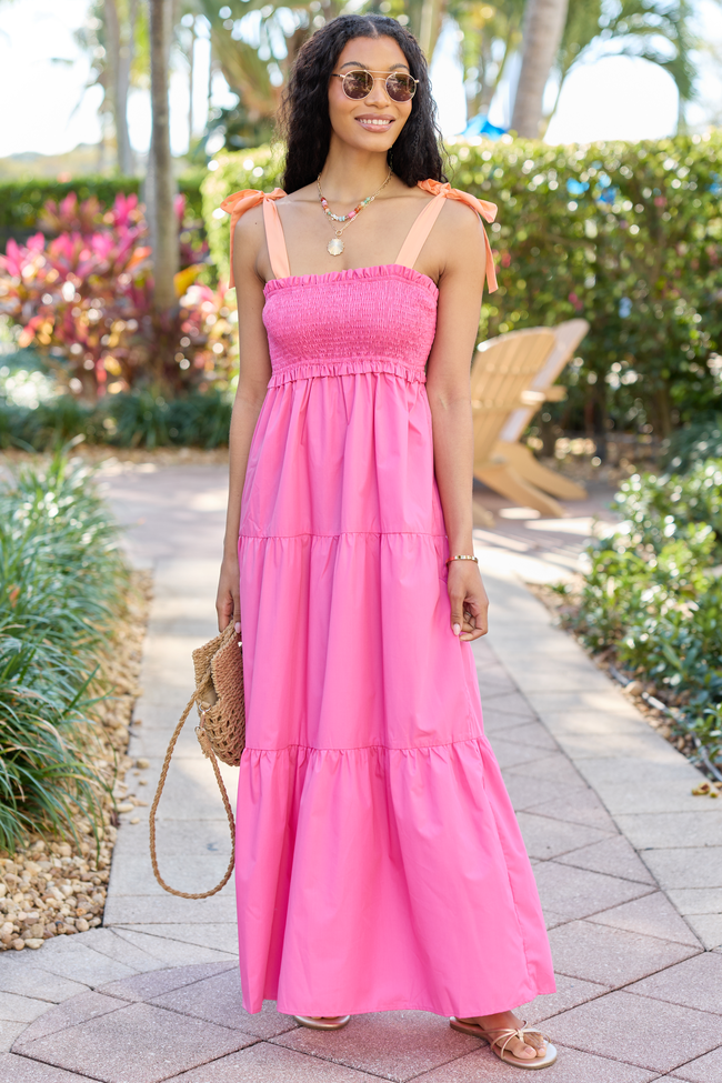 casual pink maxi dress Pink Lily Season Of Bliss Pink Smocked Bust Maxi Dress
