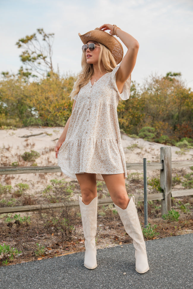 Coast Is Calling Taupe and White Printed Knit Dress