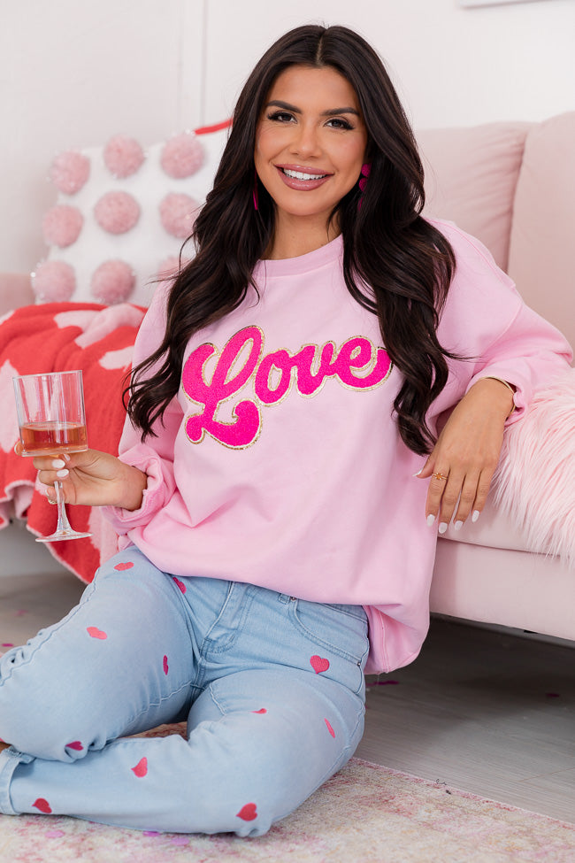 Love Script Chenille Patch Light Pink Oversized Graphic Sweatshirt FINAL SALE
