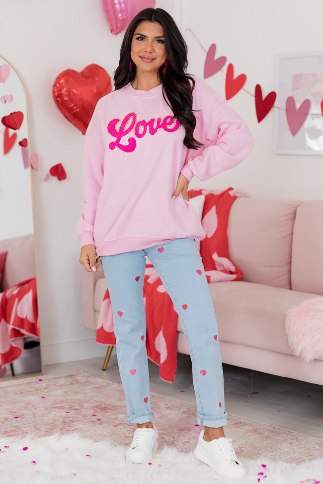Love Script Chenille Patch Light Pink Oversized Graphic Sweatshirt FINAL SALE