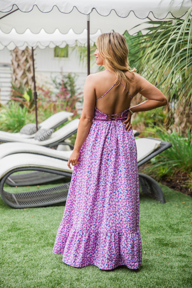 Best In Bold Purple Floral Lace Up Back Maxi Dress