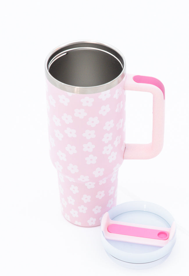 Sippin' Pretty Light Pink Daisy 40 oz Drink Tumbler With Lid And Straw SALE