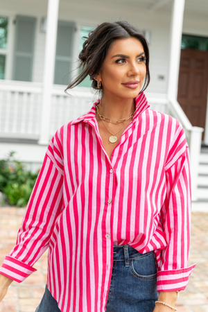Drew Pink Striped Button Down Top