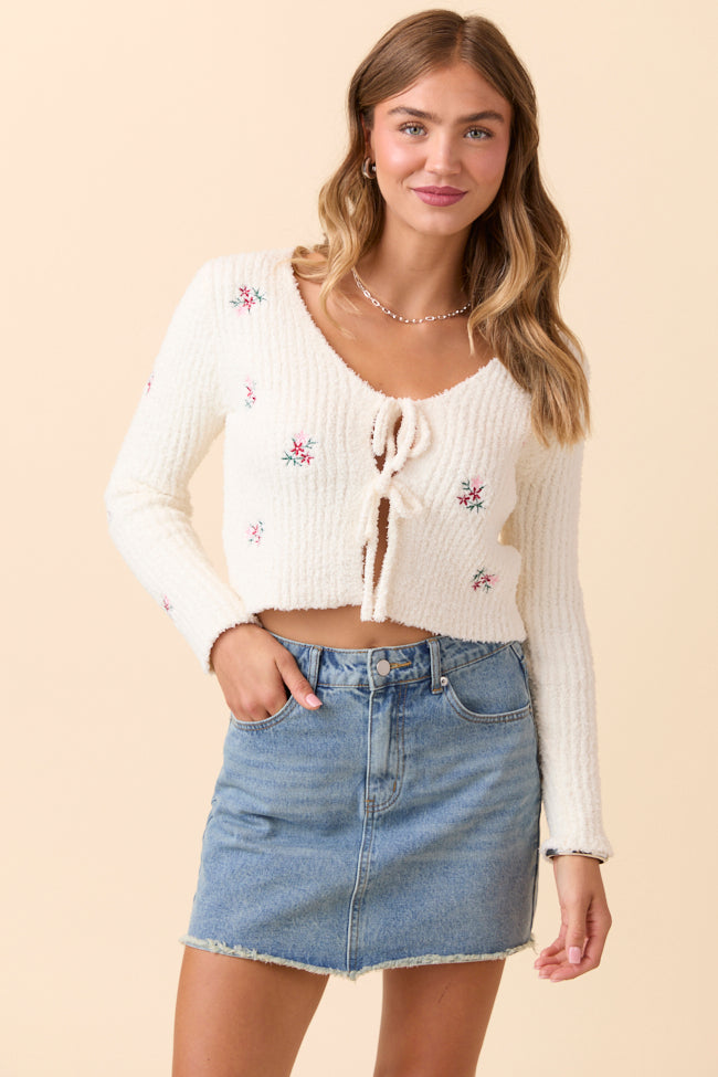 Jordyn Long Sleeve Ivory Tie Front Floral Embroidered