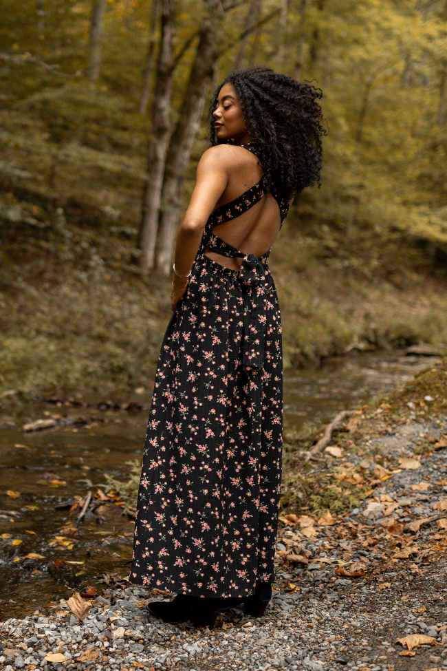 Jalissa Black Floral Criss Cross Back Maxi Dress FINAL SALE