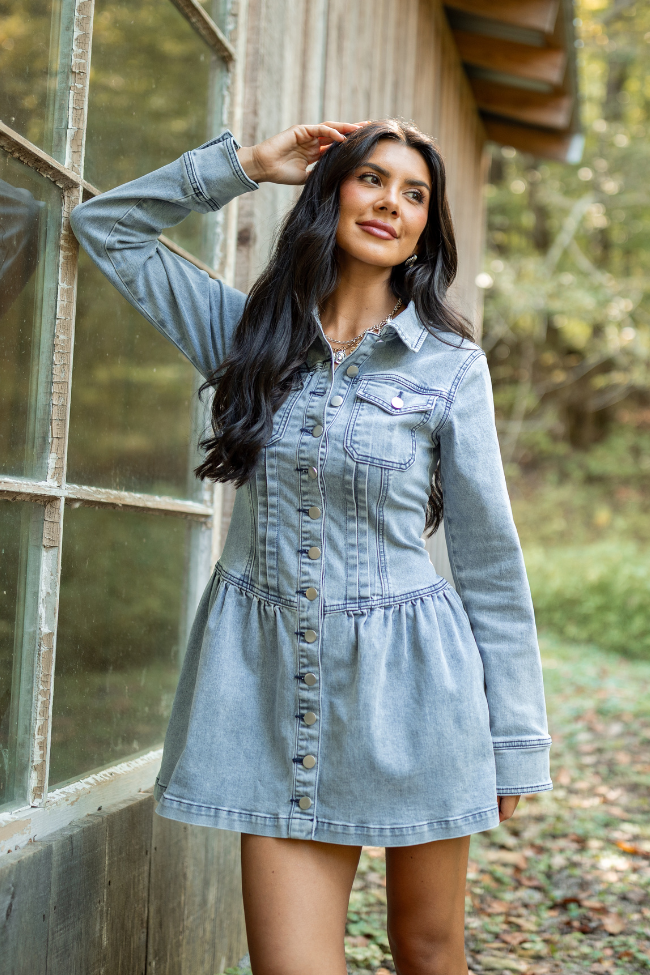 Pink Lily My Favorite Stretchy Medium Wash Long Sleeve Button Front Mini Dress - Women's XS Pink Lily My Favorite Stretchy Medium Wash Long Sleeve Button Front Mini Dress - Women's XS