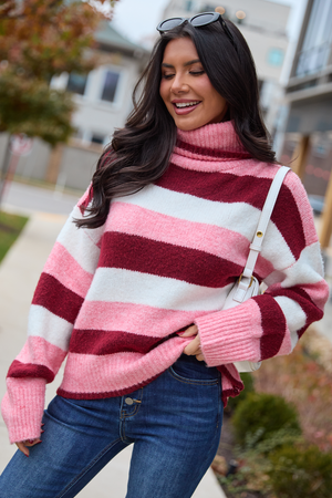 Shaylee Pink And Berry Stripe Turtleneck Sweater SALE
