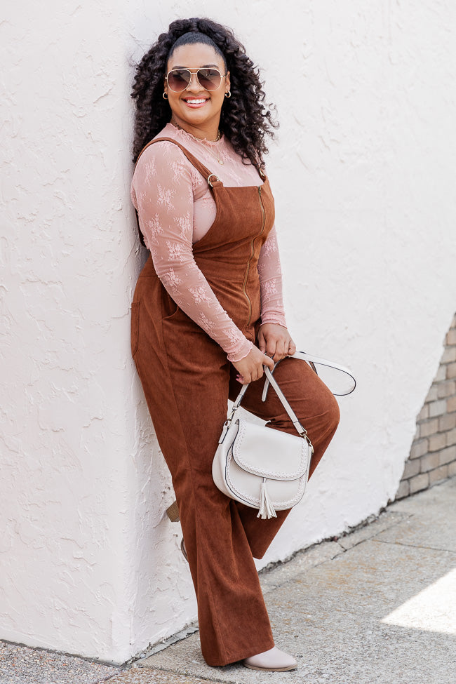 Perfect For You Brown Corded Zip Up Overalls