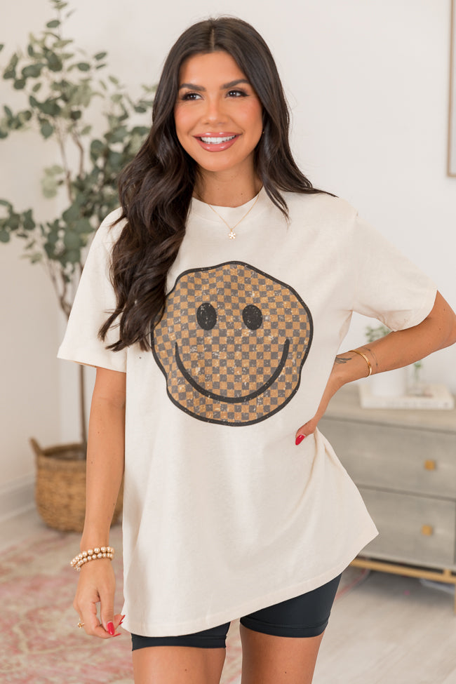 Neutral Checkered Smiley Ivory Oversized Graphic Tee SALE