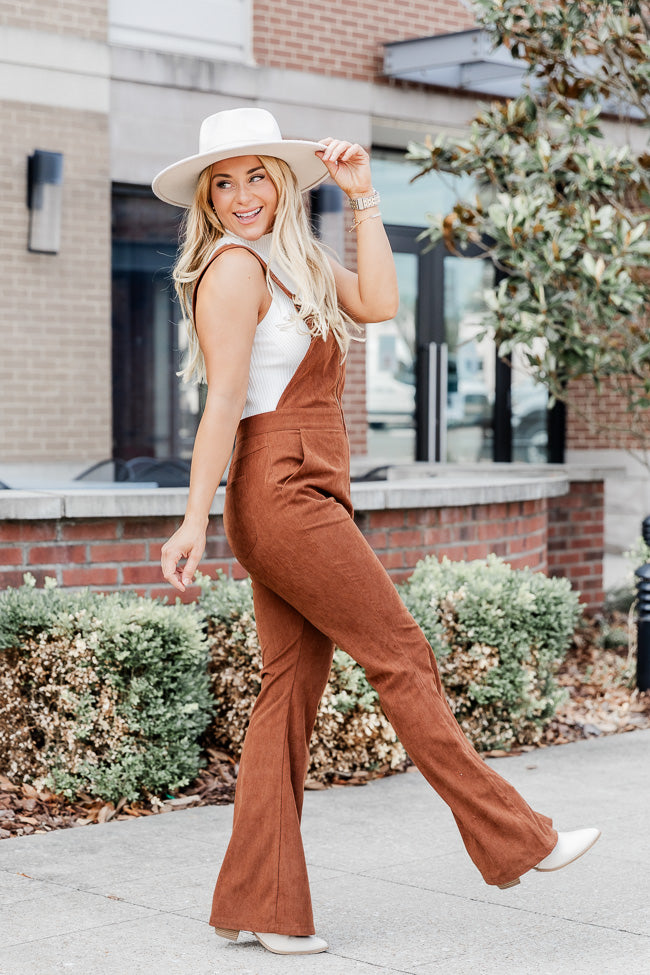 Perfect For You Brown Corded Zip Up Overalls