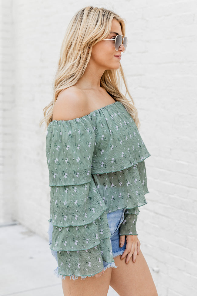 A Better Life Olive Textured Floral Off The Shoulder Tiered Blouse FINAL SALE