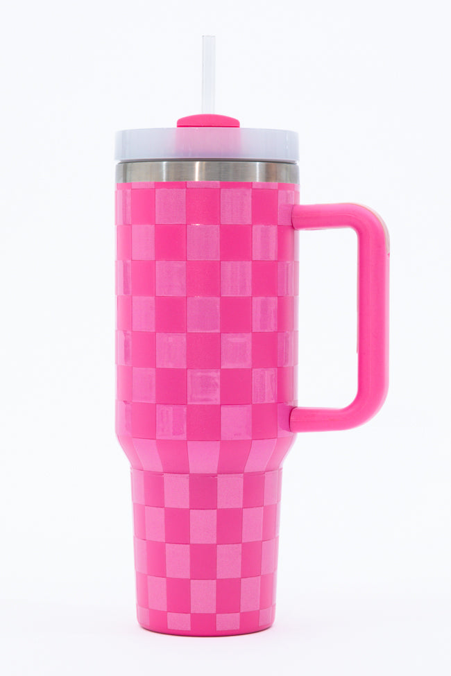 Sippin' Pretty Pink Tonal Checkered 40 oz Drink Tumbler With Lid And Straw