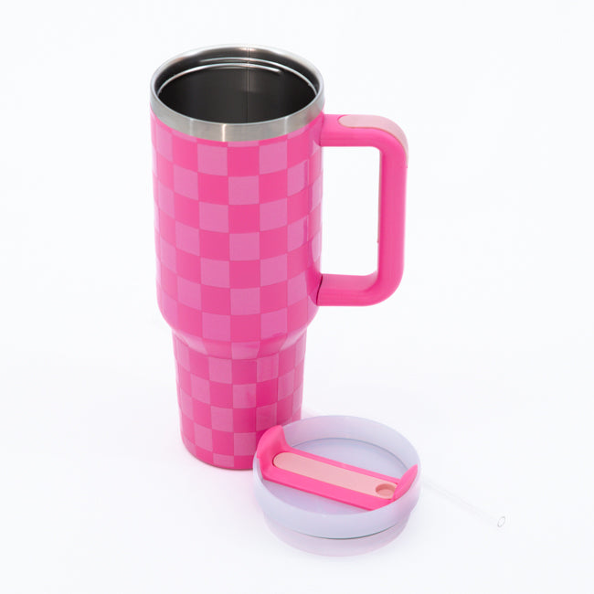 Sippin' Pretty Pink Tonal Checkered 40 oz Drink Tumbler With Lid And Straw SALE